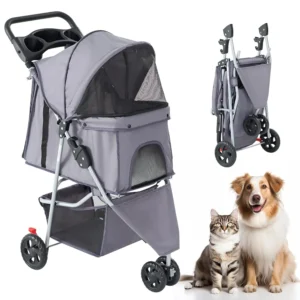 Foldable 3 Wheel Pet Stroller for Dogs and Cats, Lightweight Durable with Storage Basket and Cup Holders