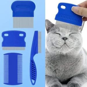 4-in-1 Pet Comb Set: Flea Lice Comb for Cats and Dogs, 4 Styles, All Hair Types, Blue